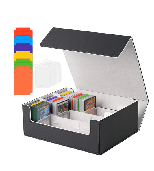NEWLOOP Trading Card Storage Box - 2400+ Card Deck Case for Magic the Gathering Pokemon YuGiOh Sports Cards Leather MTG Commander Deck with 12 PVC Dividers 4 Card Supporters Black and Gray