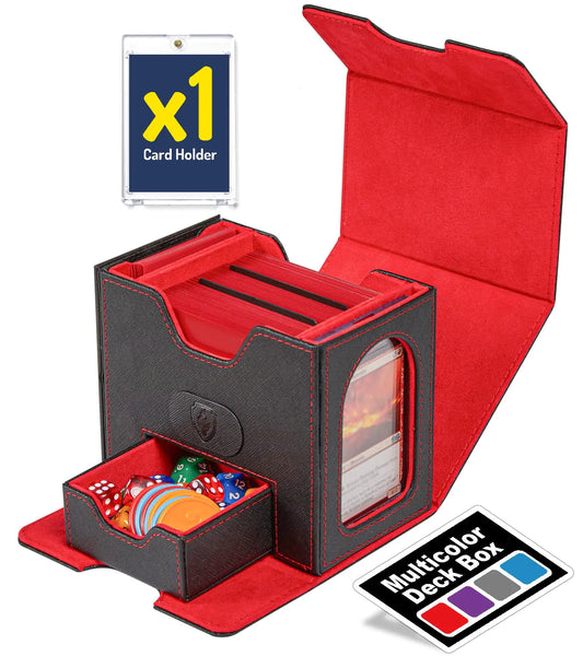 Fabmaker Deck Box for MTG Commander 4-in-1 Magic Card Storage Box Commander Display Fits 100 Double-Sleeved Cards Large Card Box for Magic the Gathering with 2 Divider & 35pt Holder Red